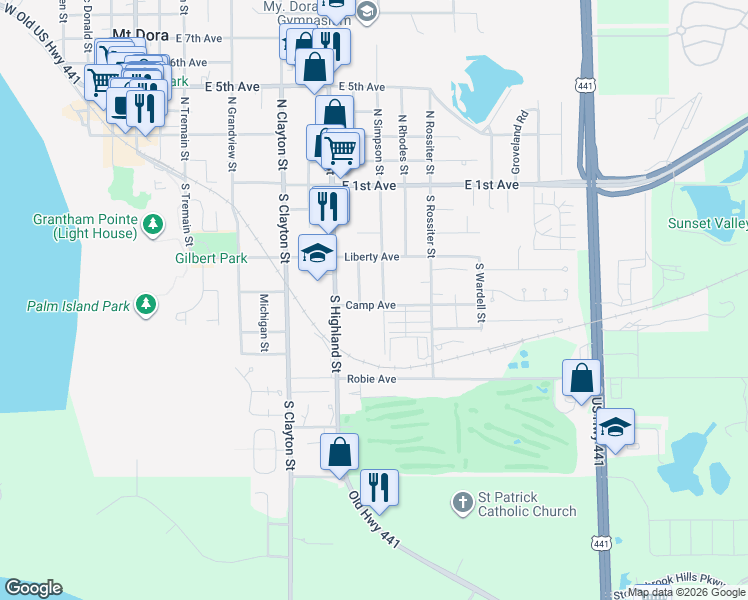 map of restaurants, bars, coffee shops, grocery stores, and more near 1019 Camp Avenue in Mount Dora
