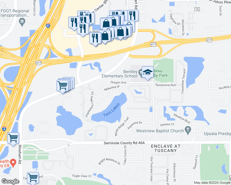 map of restaurants, bars, coffee shops, grocery stores, and more near 17306 Barewood Lane in Sanford