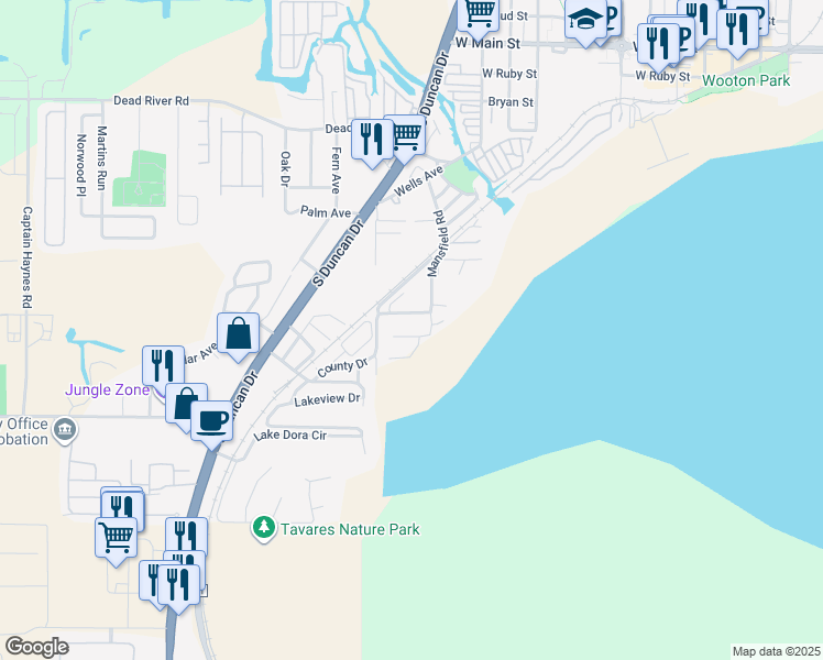 map of restaurants, bars, coffee shops, grocery stores, and more near 1070 Lake Arbor Court in Tavares