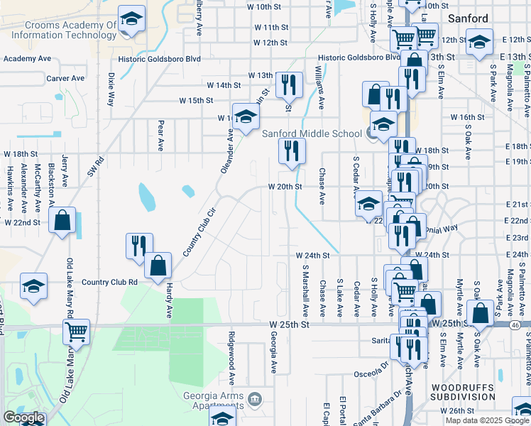map of restaurants, bars, coffee shops, grocery stores, and more near 113 Hays Drive in Sanford