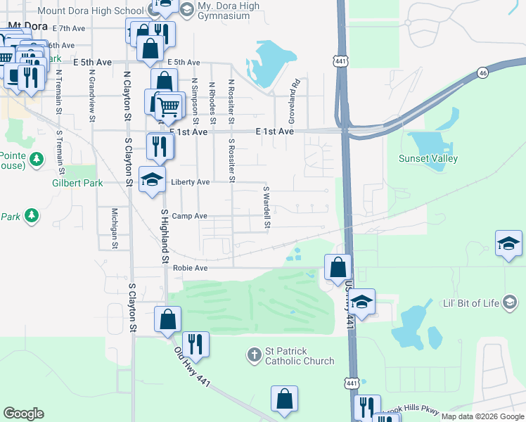 map of restaurants, bars, coffee shops, grocery stores, and more near 1425 Camp Avenue in Mount Dora