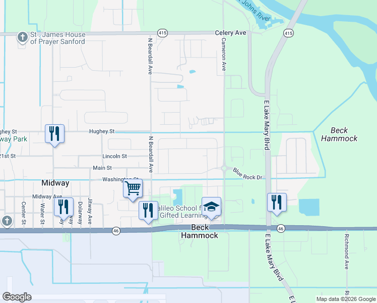 map of restaurants, bars, coffee shops, grocery stores, and more near 4203 Looking Glass Place in Sanford