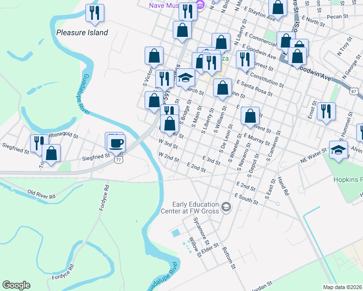 map of restaurants, bars, coffee shops, grocery stores, and more near 104 West 3rd Street in Victoria
