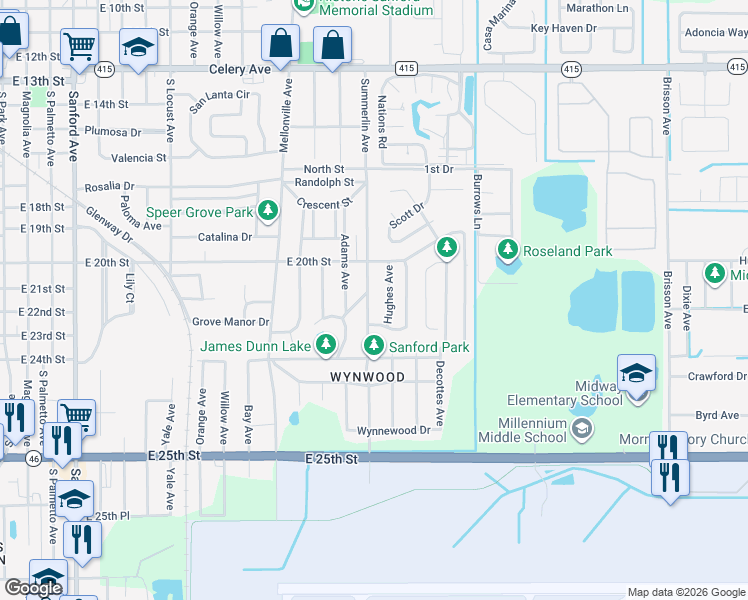 map of restaurants, bars, coffee shops, grocery stores, and more near 2021 South Summerlin Avenue in Sanford
