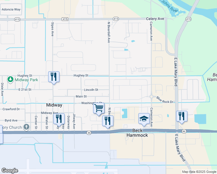 map of restaurants, bars, coffee shops, grocery stores, and more near 3623 Lazy River Terrace in Sanford