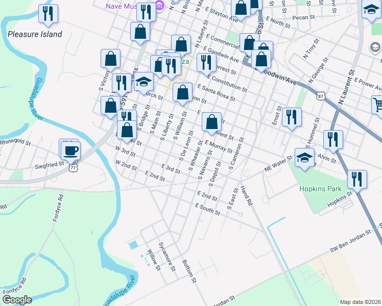 map of restaurants, bars, coffee shops, grocery stores, and more near 405 East River Street in Victoria