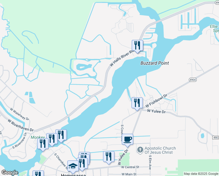map of restaurants, bars, coffee shops, grocery stores, and more near 10670 West Halls River Road in Homosassa