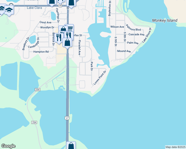 map of restaurants, bars, coffee shops, grocery stores, and more near 1610 Park Drive in Leesburg