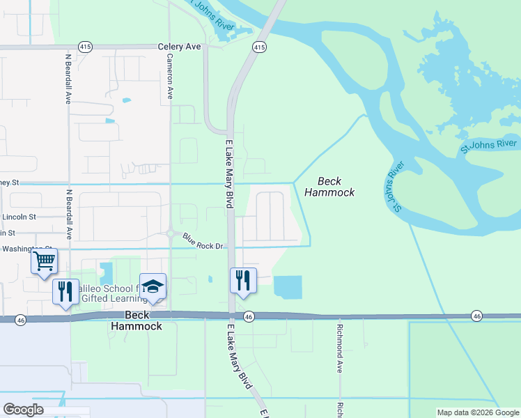 map of restaurants, bars, coffee shops, grocery stores, and more near 2545 Bullion Loop in Sanford