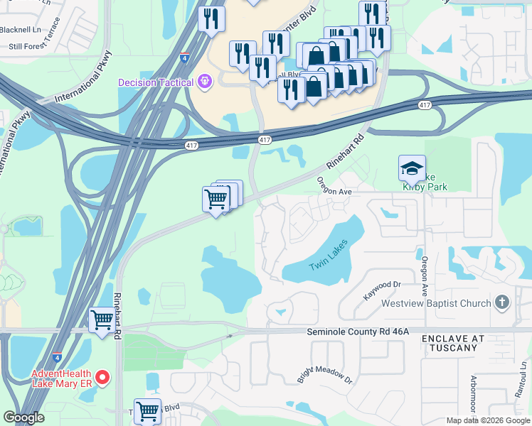 map of restaurants, bars, coffee shops, grocery stores, and more near 1000 Plantation Lakes Circle in Sanford