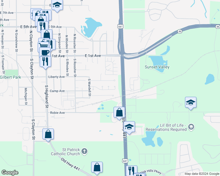 map of restaurants, bars, coffee shops, grocery stores, and more near 1731 Dorset Drive in Mount Dora