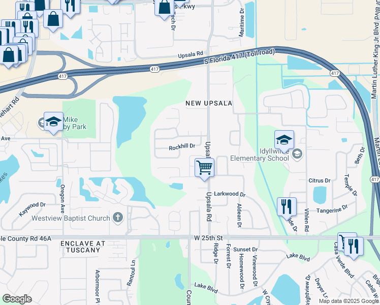 map of restaurants, bars, coffee shops, grocery stores, and more near 116 Monterey Oaks Drive in Sanford