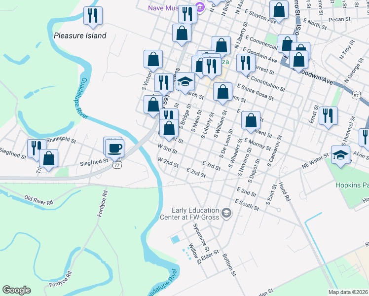 map of restaurants, bars, coffee shops, grocery stores, and more near 104 West 3rd Street in Victoria