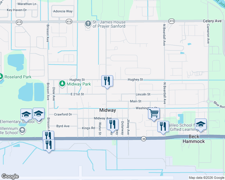 map of restaurants, bars, coffee shops, grocery stores, and more near 3300 Lincoln Street in Sanford