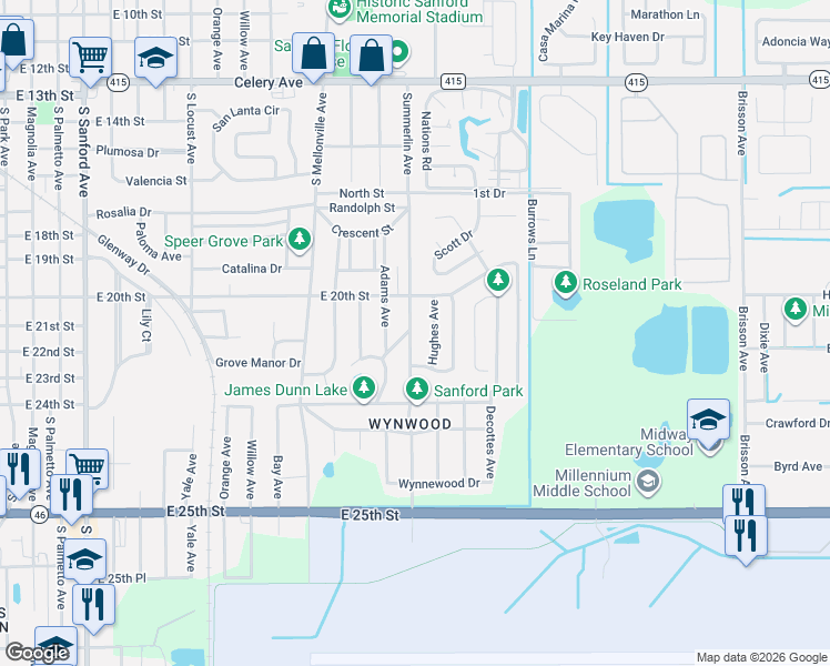 map of restaurants, bars, coffee shops, grocery stores, and more near 2021 South Summerlin Avenue in Sanford