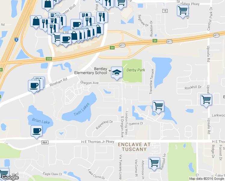 map of restaurants, bars, coffee shops, grocery stores, and more near 1310 Twin Trees Lane in Sanford
