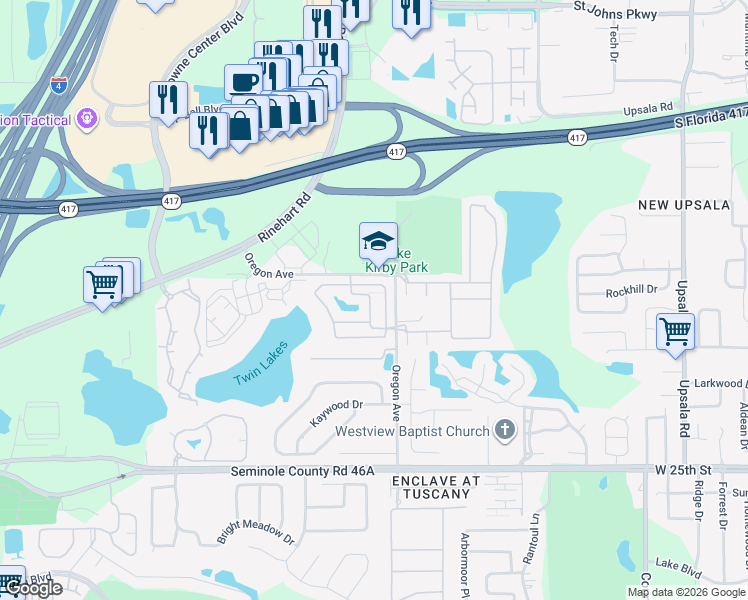 map of restaurants, bars, coffee shops, grocery stores, and more near 1241 Twin Trees Lane in Sanford