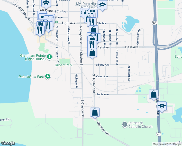 map of restaurants, bars, coffee shops, grocery stores, and more near 531 South Highland Street in Mount Dora