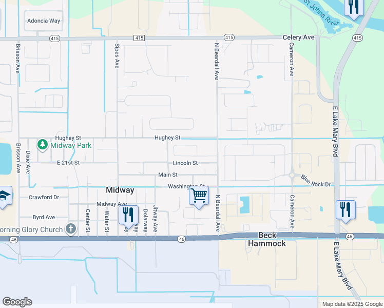 map of restaurants, bars, coffee shops, grocery stores, and more near 3594 Lazy River Terrace in Sanford