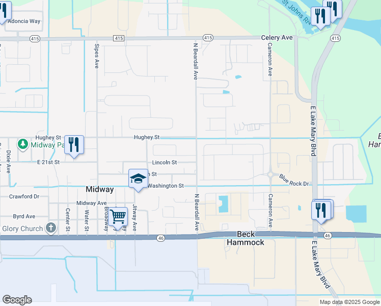 map of restaurants, bars, coffee shops, grocery stores, and more near 3623 Lazy River Terrace in Sanford