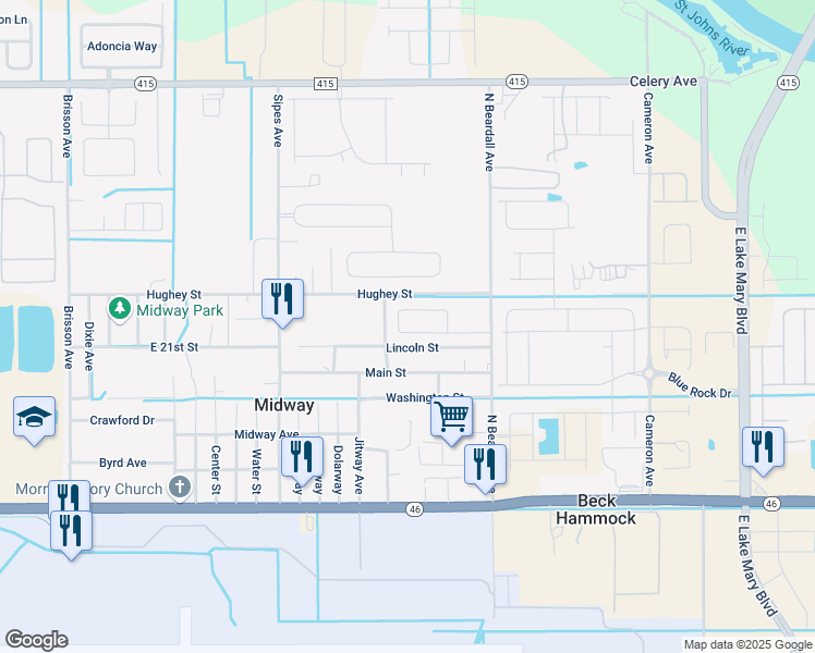 map of restaurants, bars, coffee shops, grocery stores, and more near 2250 Deepwater Avenue in Sanford