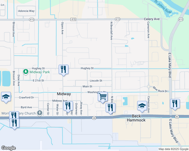 map of restaurants, bars, coffee shops, grocery stores, and more near 3594 Lazy River Terrace in Sanford