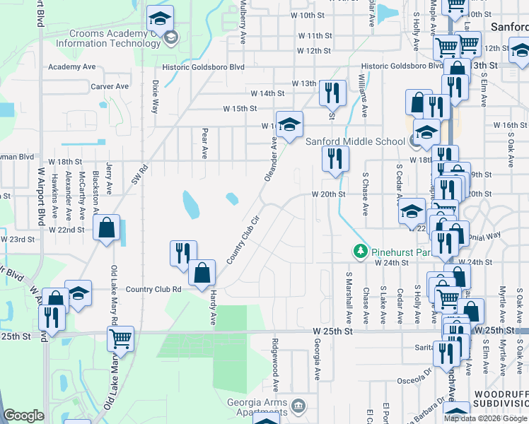 map of restaurants, bars, coffee shops, grocery stores, and more near 119 Country Club Circle in Sanford