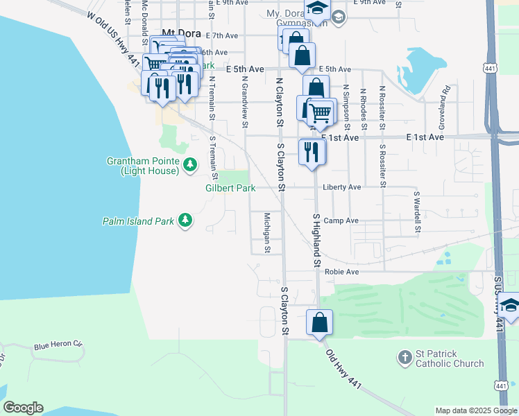 map of restaurants, bars, coffee shops, grocery stores, and more near 524 Michigan Street in Mount Dora