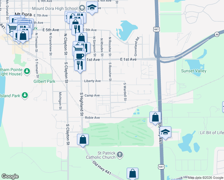 map of restaurants, bars, coffee shops, grocery stores, and more near 444 South Rossiter Street in Mount Dora
