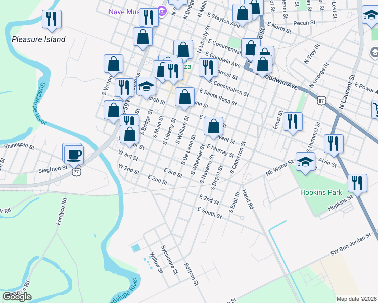 map of restaurants, bars, coffee shops, grocery stores, and more near 405 East River Street in Victoria