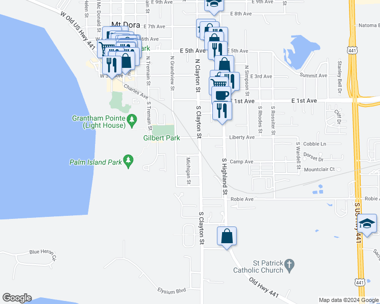 map of restaurants, bars, coffee shops, grocery stores, and more near 605 Oak Avenue in Mount Dora