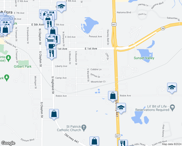 map of restaurants, bars, coffee shops, grocery stores, and more near 1541 Dorset Drive in Mount Dora