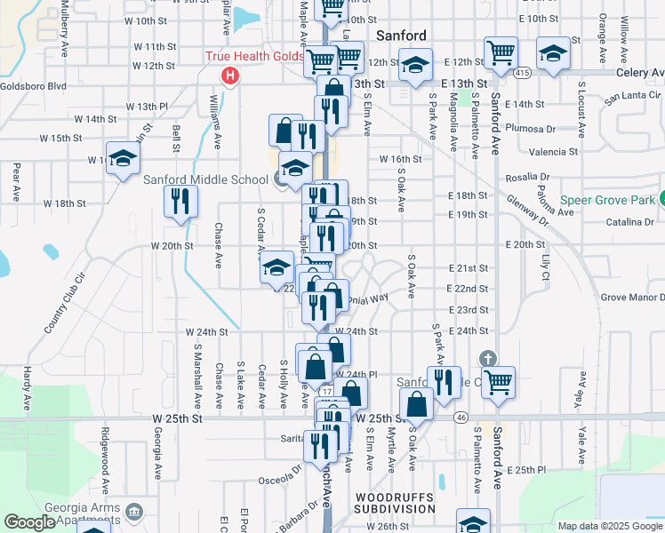 map of restaurants, bars, coffee shops, grocery stores, and more near 2021 South French Avenue in Sanford