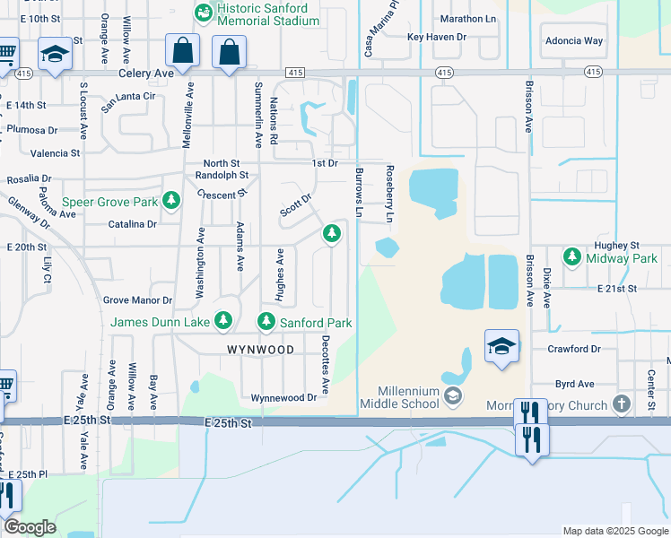 map of restaurants, bars, coffee shops, grocery stores, and more near 154 Cedar Ridge Lane in Sanford