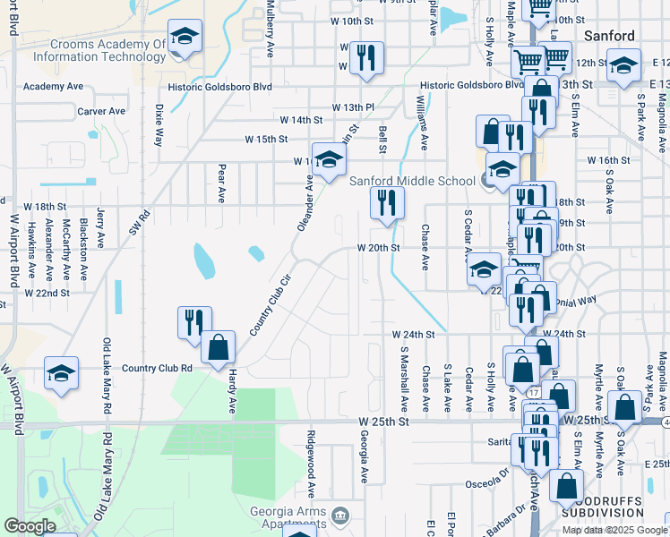 map of restaurants, bars, coffee shops, grocery stores, and more near 113 Hays Drive in Sanford