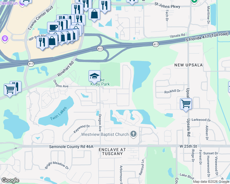 map of restaurants, bars, coffee shops, grocery stores, and more near 1008 Travertine Terrace in Sanford