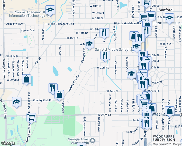 map of restaurants, bars, coffee shops, grocery stores, and more near 113 Hays Drive in Sanford