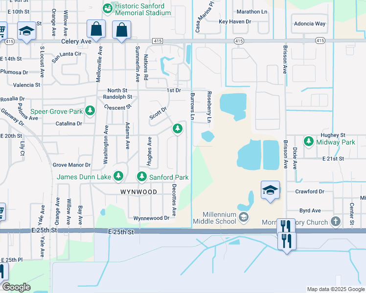 map of restaurants, bars, coffee shops, grocery stores, and more near 154 Cedar Ridge Lane in Sanford
