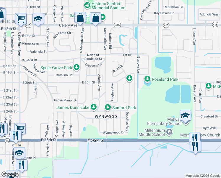 map of restaurants, bars, coffee shops, grocery stores, and more near 2021 South Summerlin Avenue in Sanford