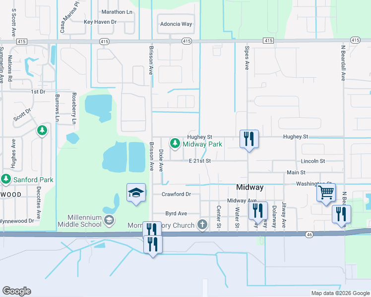 map of restaurants, bars, coffee shops, grocery stores, and more near 2041 Henri Avenue in Sanford