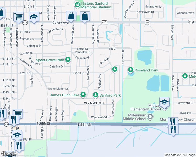 map of restaurants, bars, coffee shops, grocery stores, and more near 2021 South Summerlin Avenue in Sanford