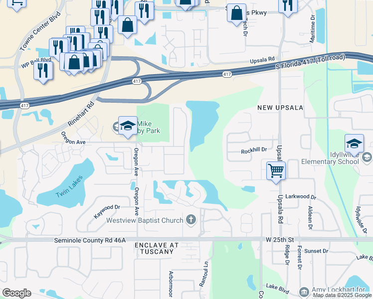map of restaurants, bars, coffee shops, grocery stores, and more near 1406 Travertine Terrace in Sanford