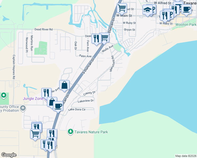 map of restaurants, bars, coffee shops, grocery stores, and more near 1086 Hibiscus Court in Tavares