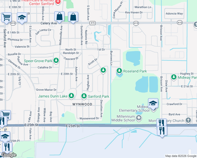 map of restaurants, bars, coffee shops, grocery stores, and more near 113 Drew Avenue in Sanford
