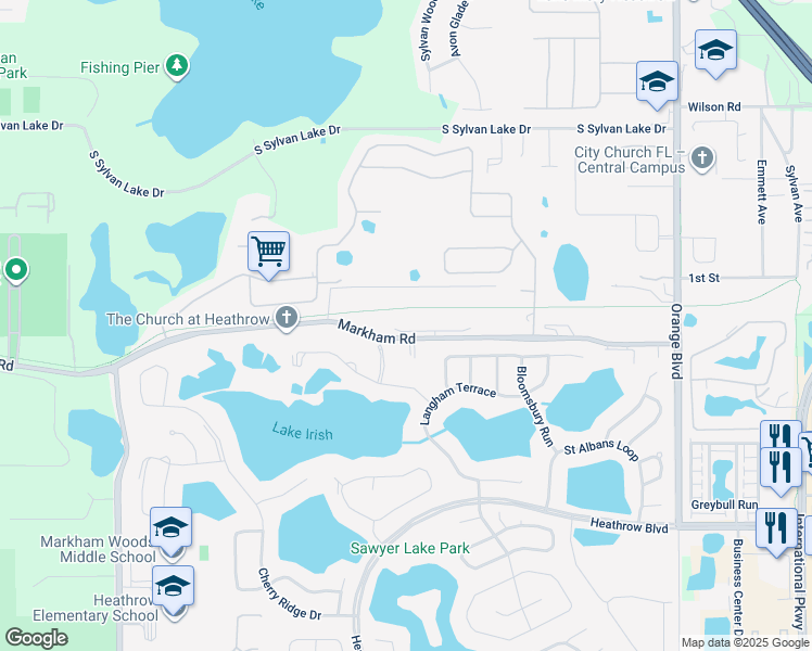 map of restaurants, bars, coffee shops, grocery stores, and more near 5774 Fulham Place in Sanford