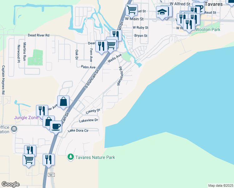 map of restaurants, bars, coffee shops, grocery stores, and more near 925 Hibiscus Court in Tavares