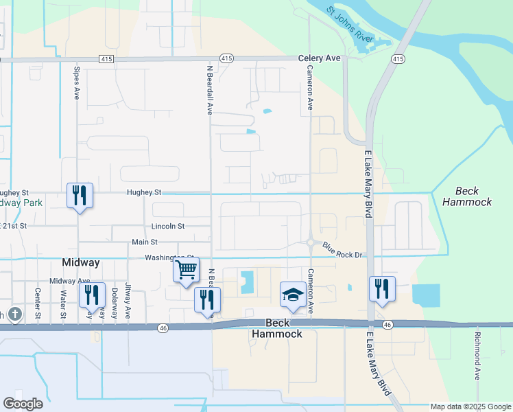 map of restaurants, bars, coffee shops, grocery stores, and more near 3968 Silverstream Terrace in Sanford