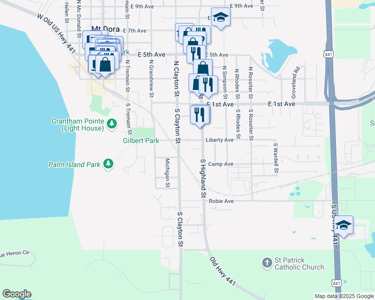 map of restaurants, bars, coffee shops, grocery stores, and more near 748 Liberty Avenue in Mount Dora