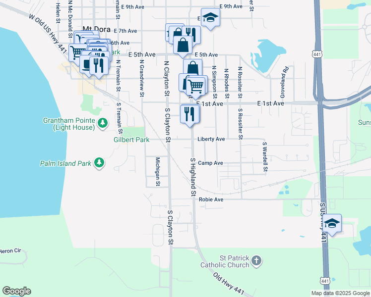 map of restaurants, bars, coffee shops, grocery stores, and more near 925 Sunset Court in Mount Dora
