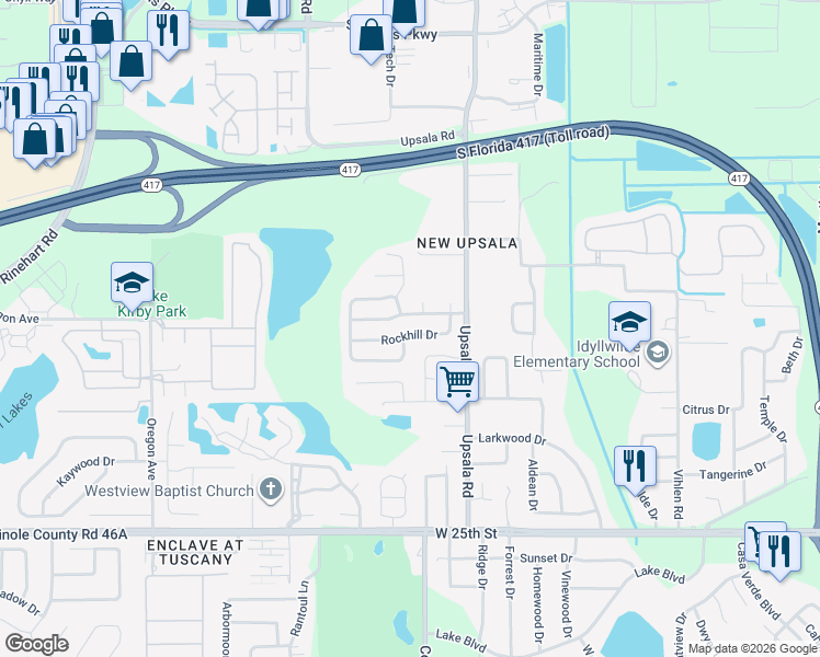 map of restaurants, bars, coffee shops, grocery stores, and more near 101 Sandpebble Place in Sanford